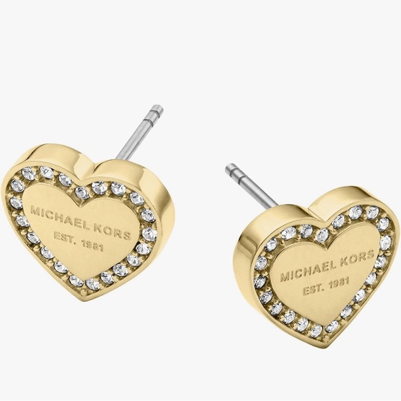 Michael Kors Gold Heart Crystal Logo Stud Earrings - Picture 2 of 5